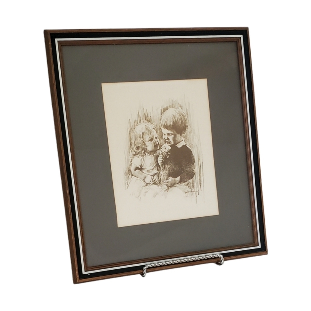 Leo Jansen Framed Charcoal Sketch of Boy and Girl Artist Signed